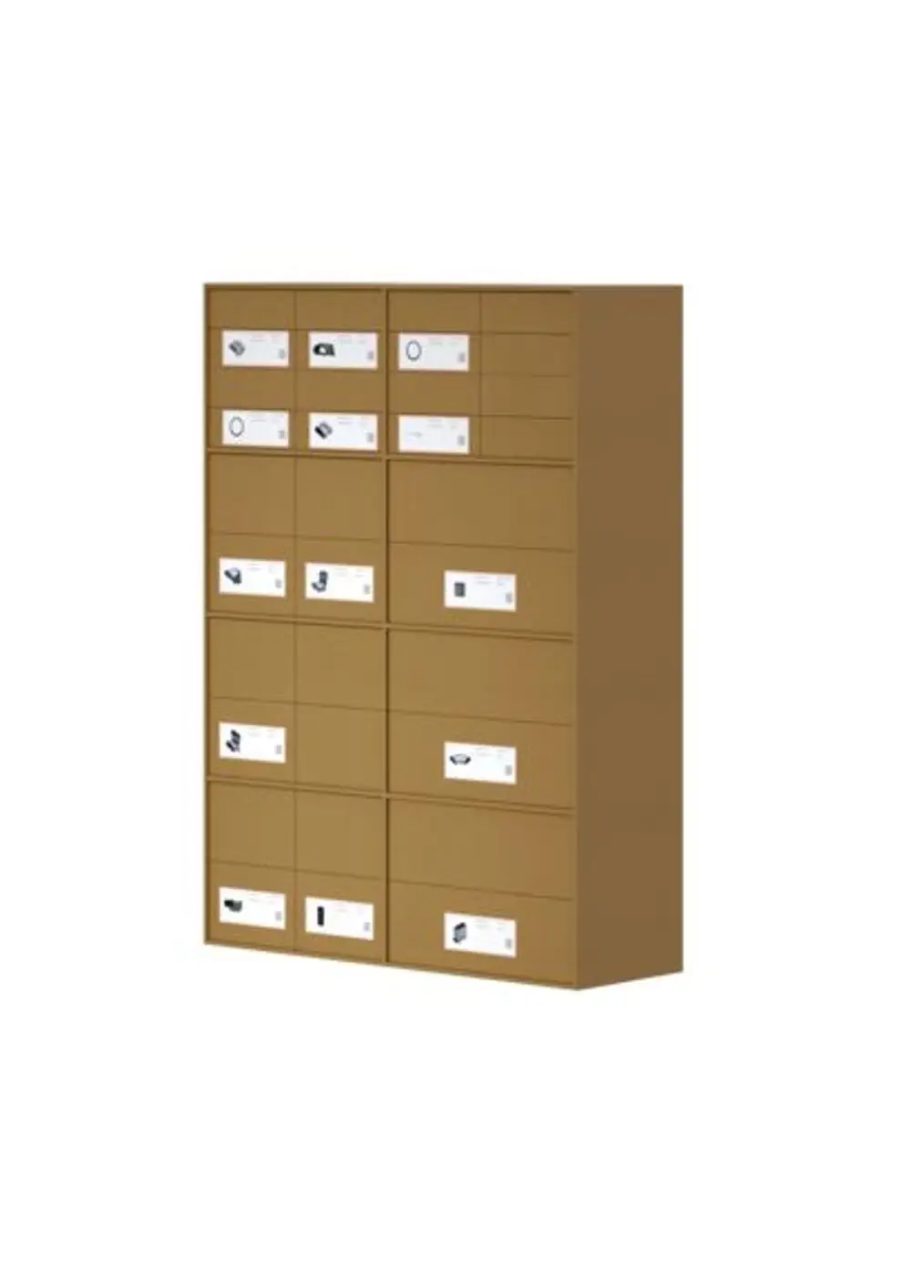 Braune Lüftungsbox von STIEBEL ELTRON mit weißen Etiketten an den Fächern.